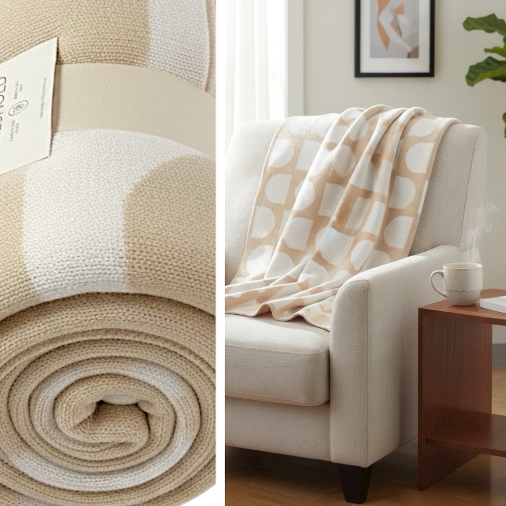 New Threshold Cream and White Reversible Knit Throw Blanket 50x60”